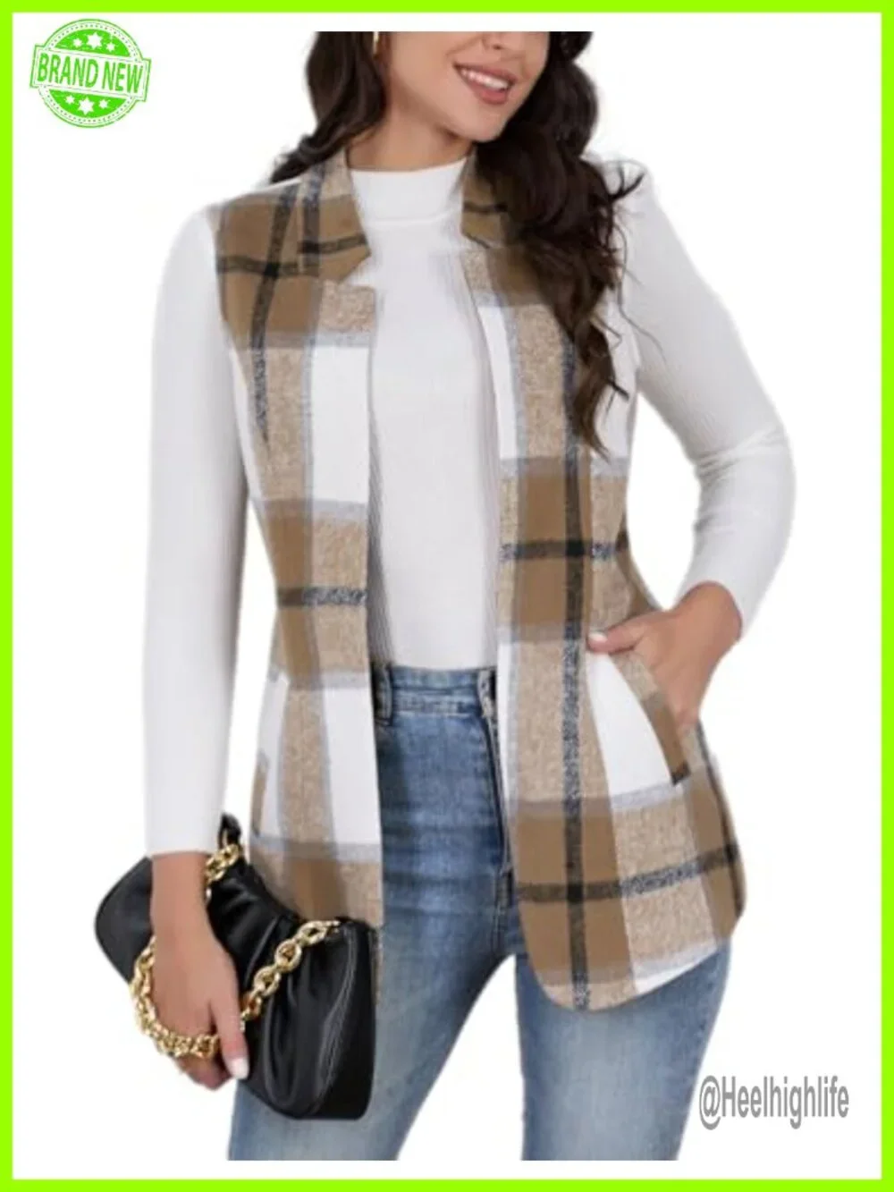 Wool Plaid Sleeveless Blazer Vest Open Front Cardigan